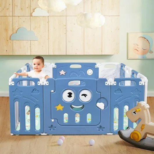 14-Panel Foldable Baby Playpen Kids Activity Centre-Blue