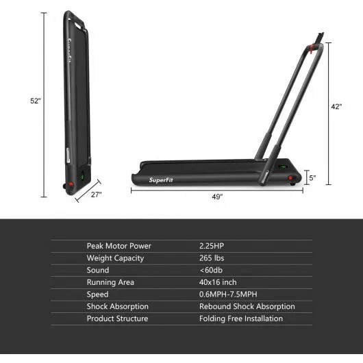 2-in-1 Folding Treadmill with RC Bluetooth Speaker LED Display-Black