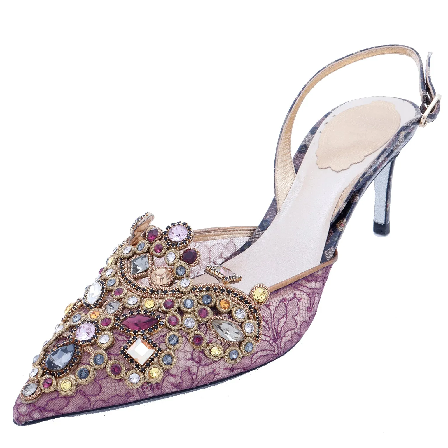 2000s Rene Caovilla Shoes Jeweled Slingback Heels w Purple Lace