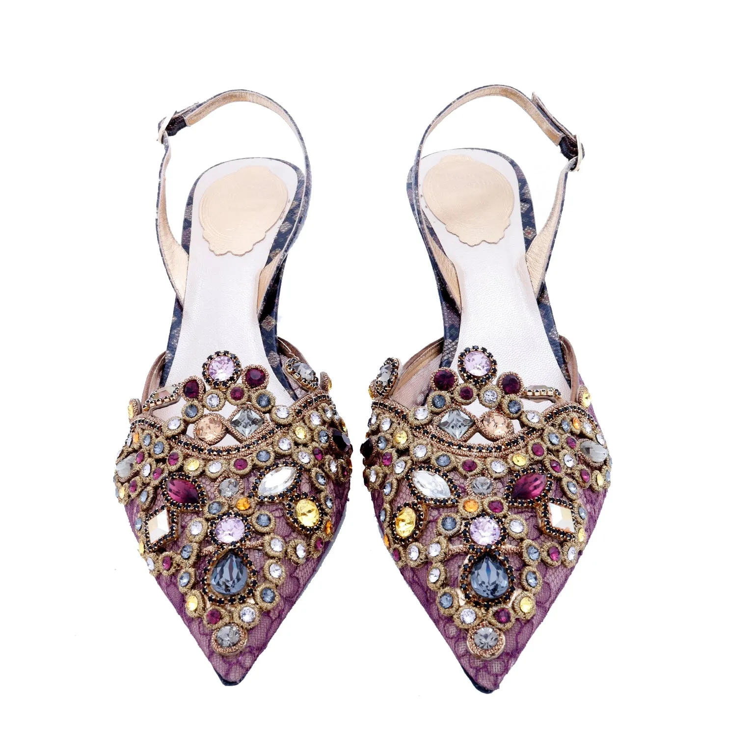 2000s Rene Caovilla Shoes Jeweled Slingback Heels w Purple Lace