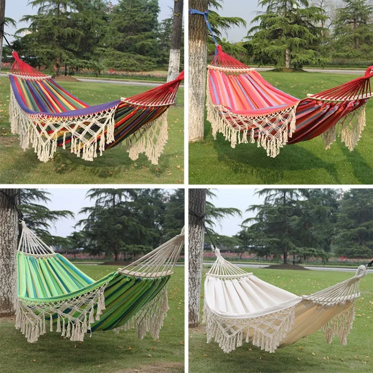 200x150cm Double Outdoor Camping Tassel Canvas Hammock with Stick(White)