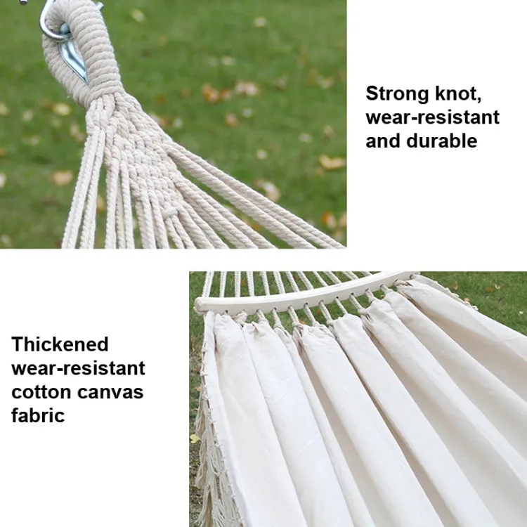 200x150cm Double Outdoor Camping Tassel Canvas Hammock with Stick(White)