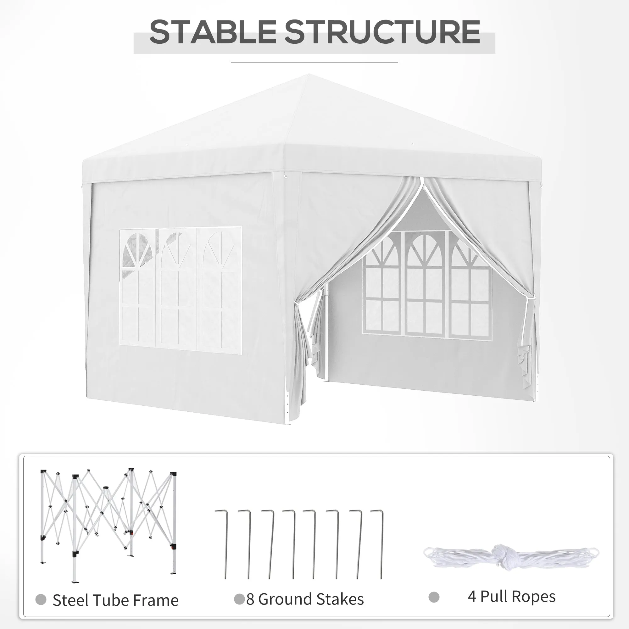 3 x 3m Pop Up Gazebo, Wedding Party Canopy Tent Marquee with Carry Bag and Windows, White