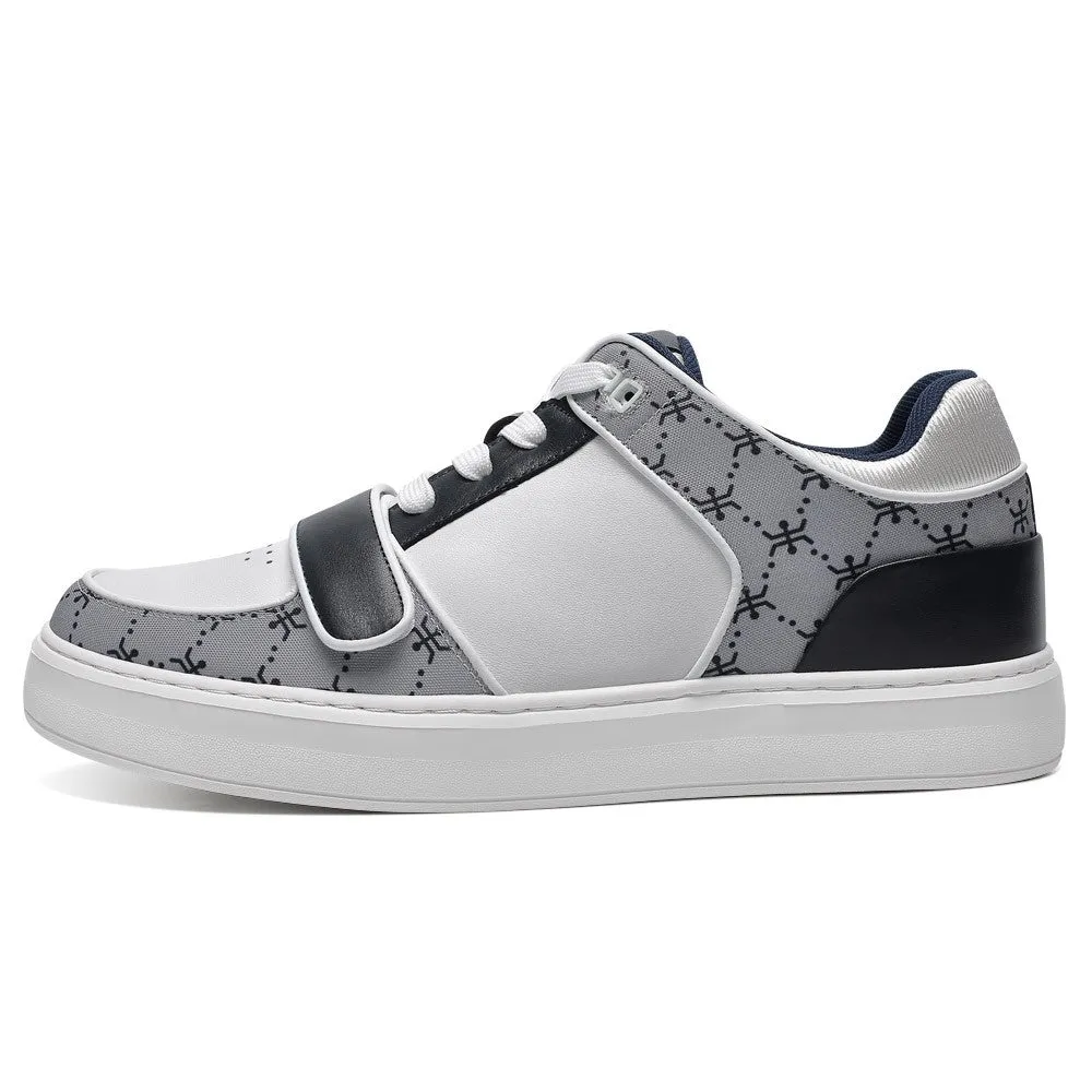 6 CM/2.36 Inches CMR CHAMARIPA Casual Elevator Shoes for Men - White Leather & Grey Printed Cloth