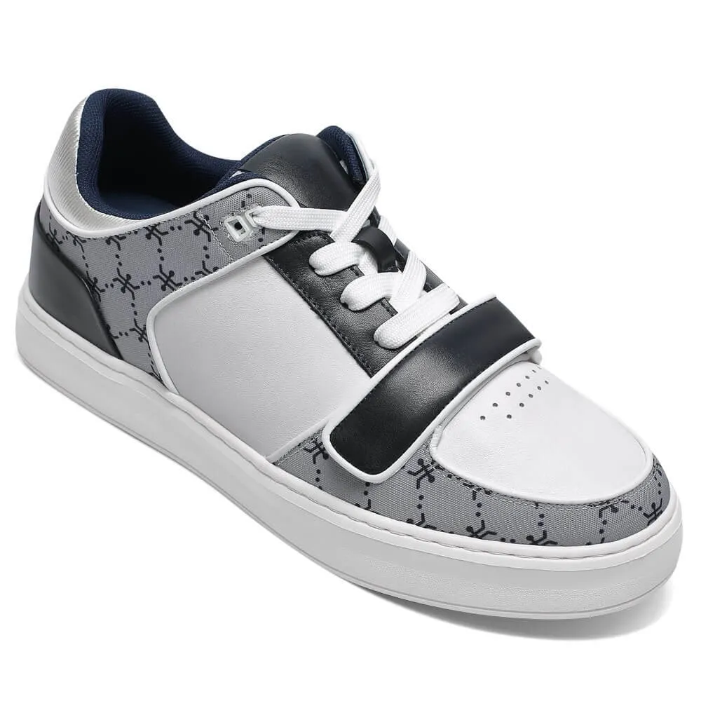 6 CM/2.36 Inches CMR CHAMARIPA Casual Elevator Shoes for Men - White Leather & Grey Printed Cloth