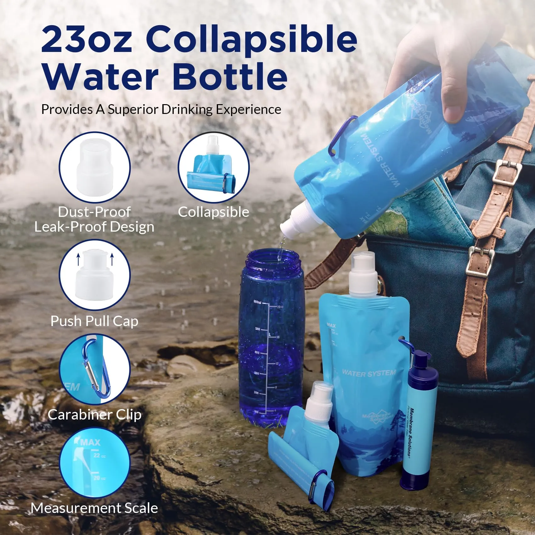 6L Gravity Water Filter Pro with 23oz Collapsible Squeezable Water Pouch 4 Set