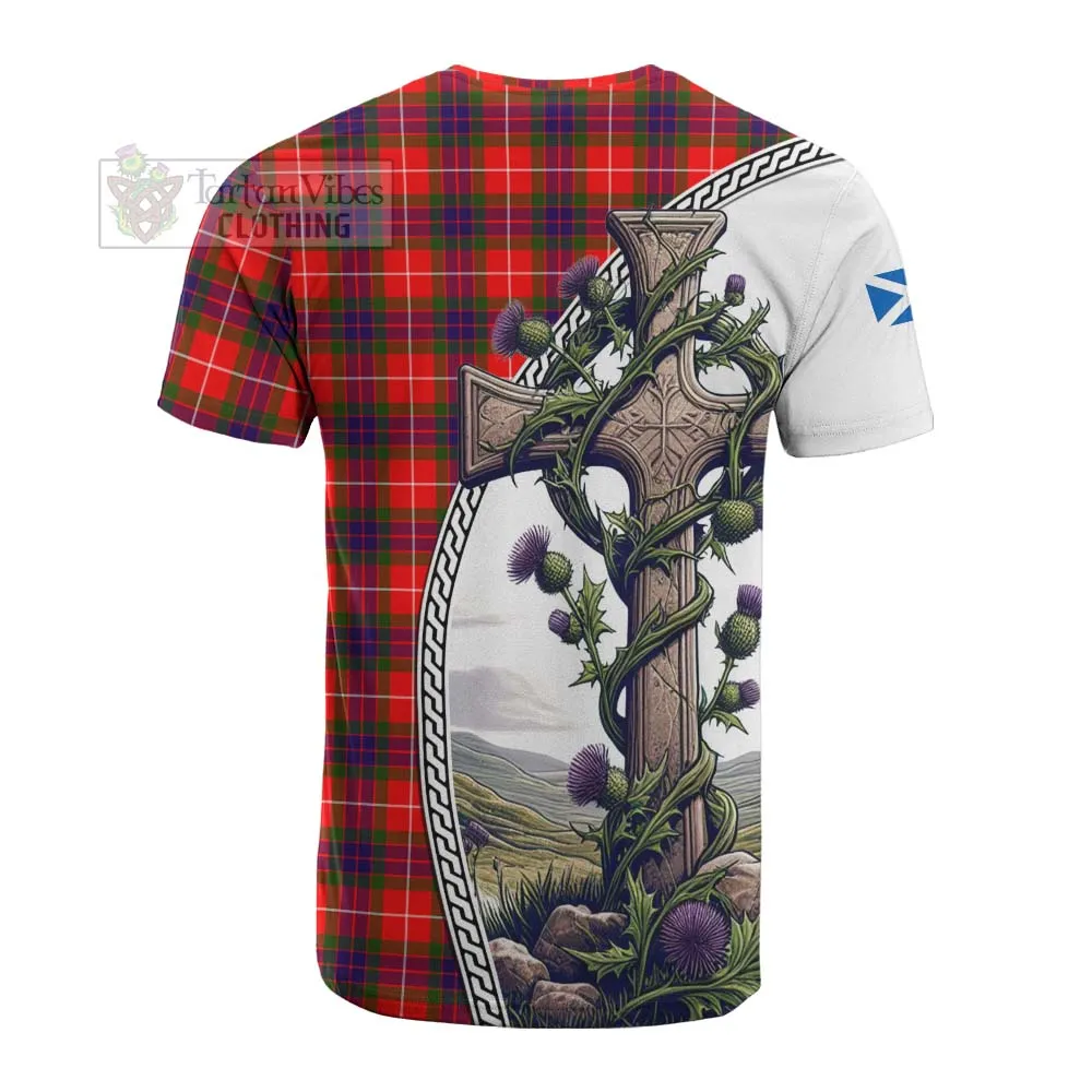 Abernethy Tartan Cotton T-shirt with Family Crest and St. Andrew's Cross Accented by Thistle Vines