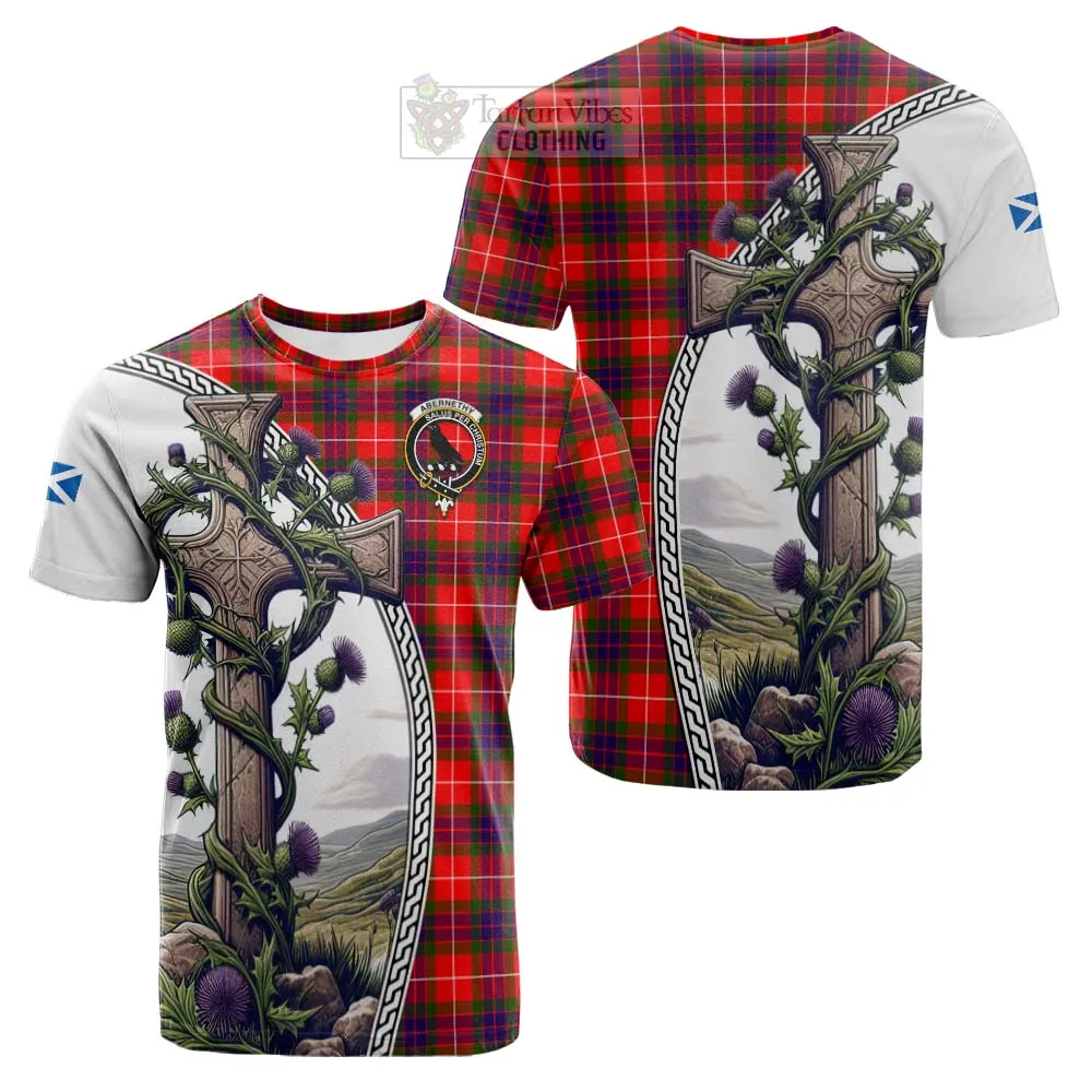 Abernethy Tartan Cotton T-shirt with Family Crest and St. Andrew's Cross Accented by Thistle Vines