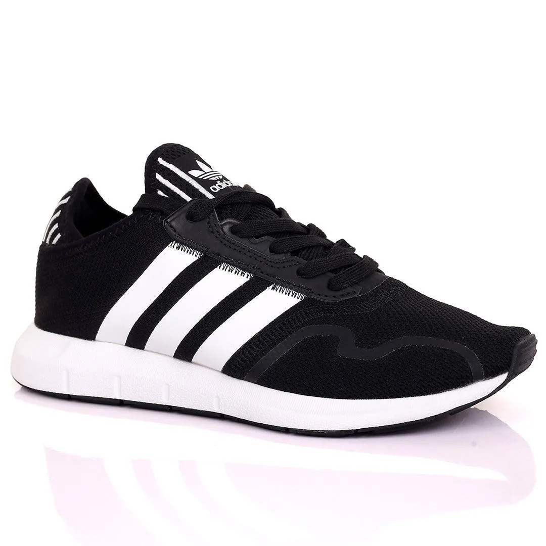 AD Comfy Black With White Stripe Design And White Sole Designed Sneakers