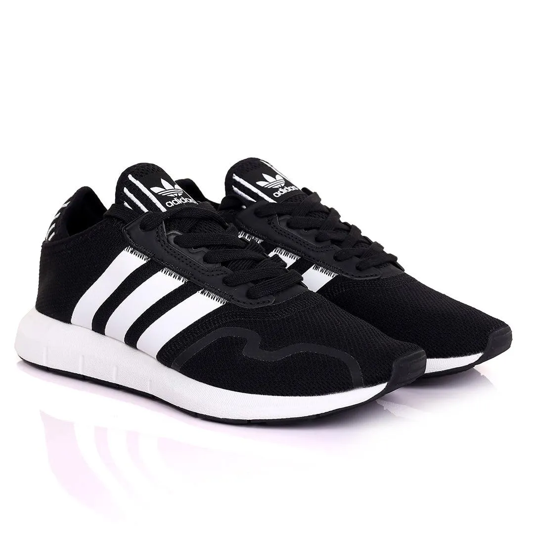 AD Comfy Black With White Stripe Design And White Sole Designed Sneakers