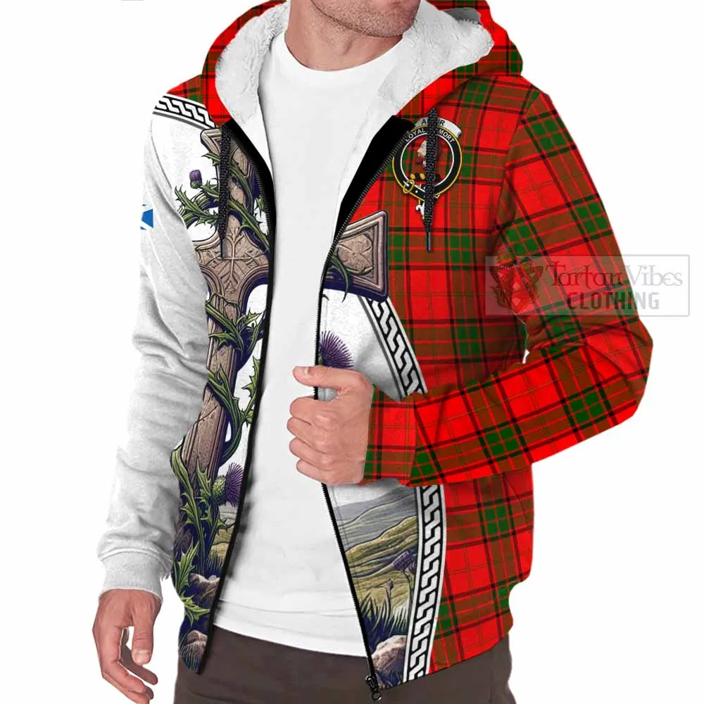 Adair Tartan Sherpa Hoodie with Family Crest and St. Andrew's Cross Accented by Thistle Vines