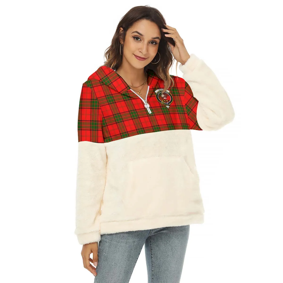 Adair Tartan Women's Borg Fleece Hoodie With Half Zip with Family Crest