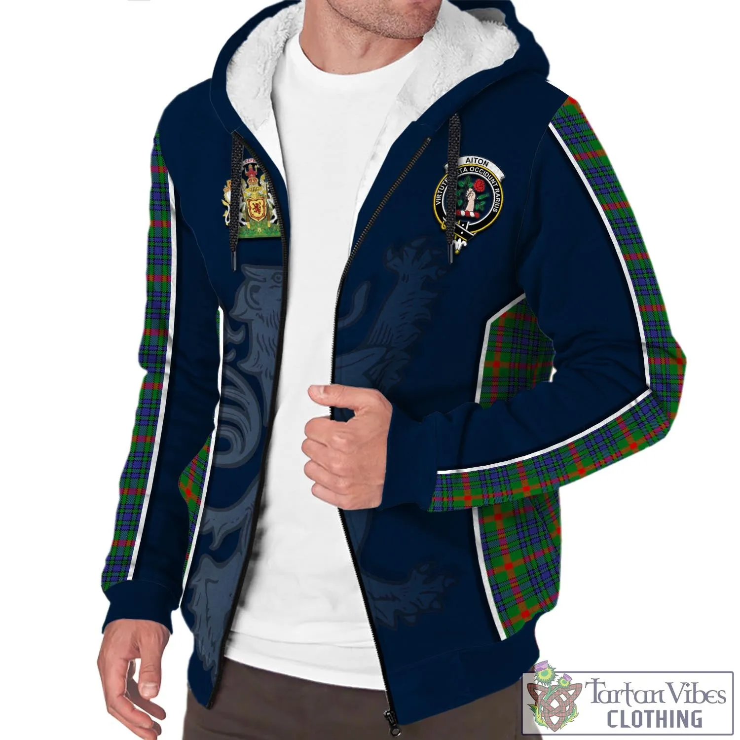 Aiton Tartan Sherpa Hoodie with Family Crest and Lion Rampant Vibes Sport Style