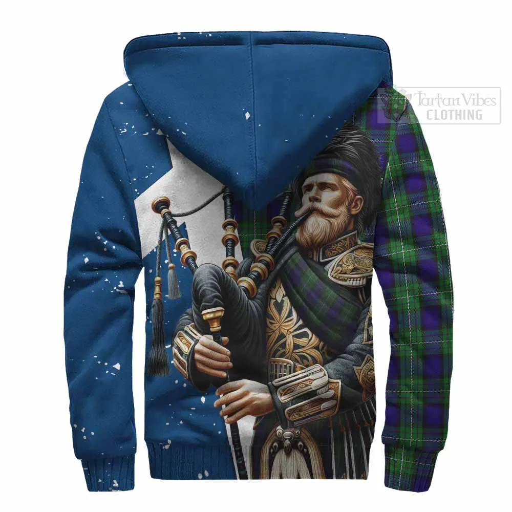 Alexander Tartan Sherpa Hoodie with Family Crest Scottish Bagpiper Vibes