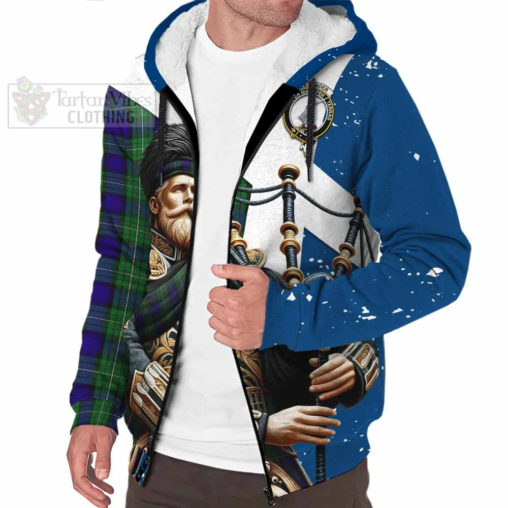 Alexander Tartan Sherpa Hoodie with Family Crest Scottish Bagpiper Vibes