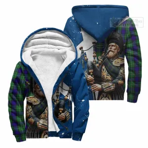 Alexander Tartan Sherpa Hoodie with Family Crest Scottish Bagpiper Vibes