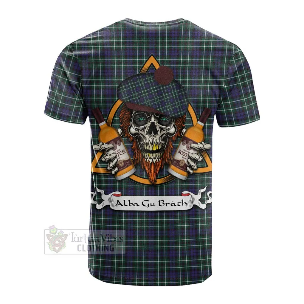 Allardice Tartan Cotton T-shirt with Family Crest and Bearded Skull Holding Bottles of Whiskey