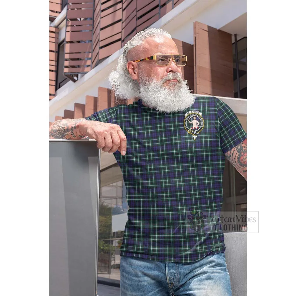 Allardice Tartan Cotton T-shirt with Family Crest and Bearded Skull Holding Bottles of Whiskey