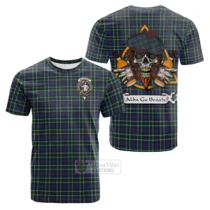 Allardice Tartan Cotton T-shirt with Family Crest and Bearded Skull Holding Bottles of Whiskey