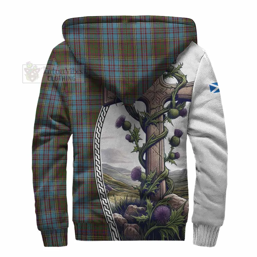 Anderson Tartan Sherpa Hoodie with Family Crest and St. Andrew's Cross Accented by Thistle Vines