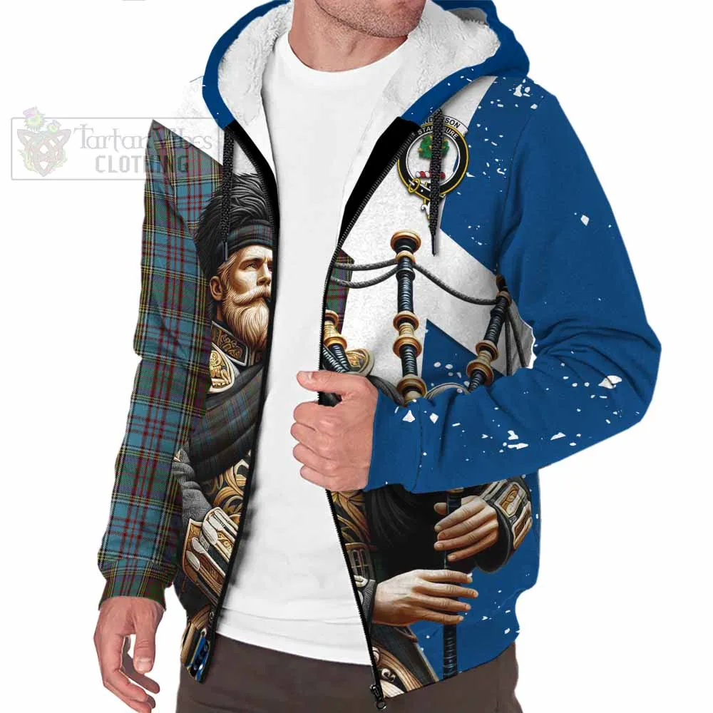 Anderson Tartan Sherpa Hoodie with Family Crest Scottish Bagpiper Vibes