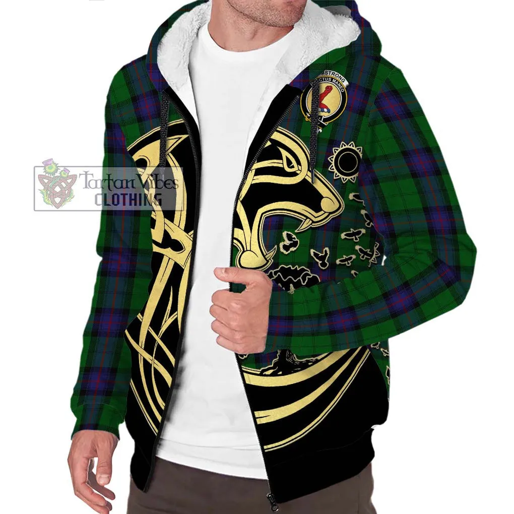 Armstrong Tartan Sherpa Hoodie with Family Crest Celtic Wolf Style