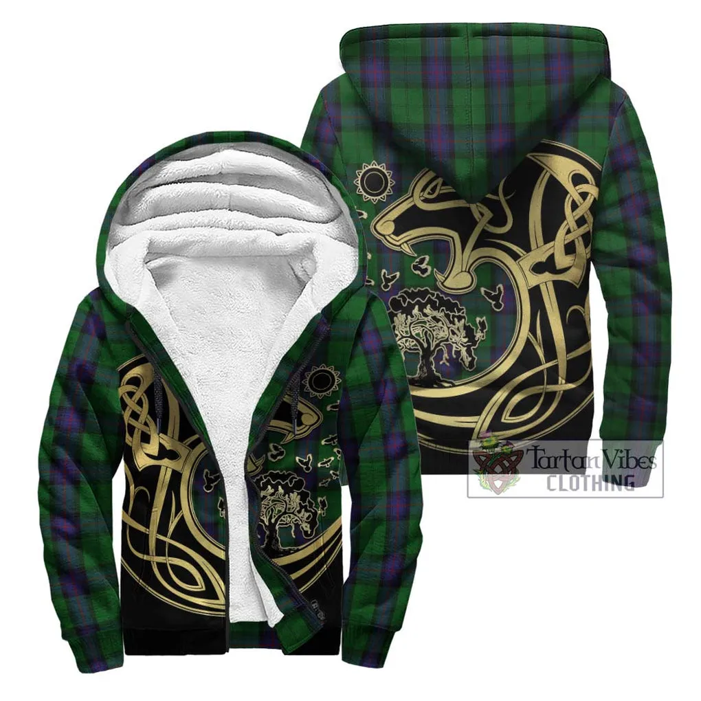 Armstrong Tartan Sherpa Hoodie with Family Crest Celtic Wolf Style