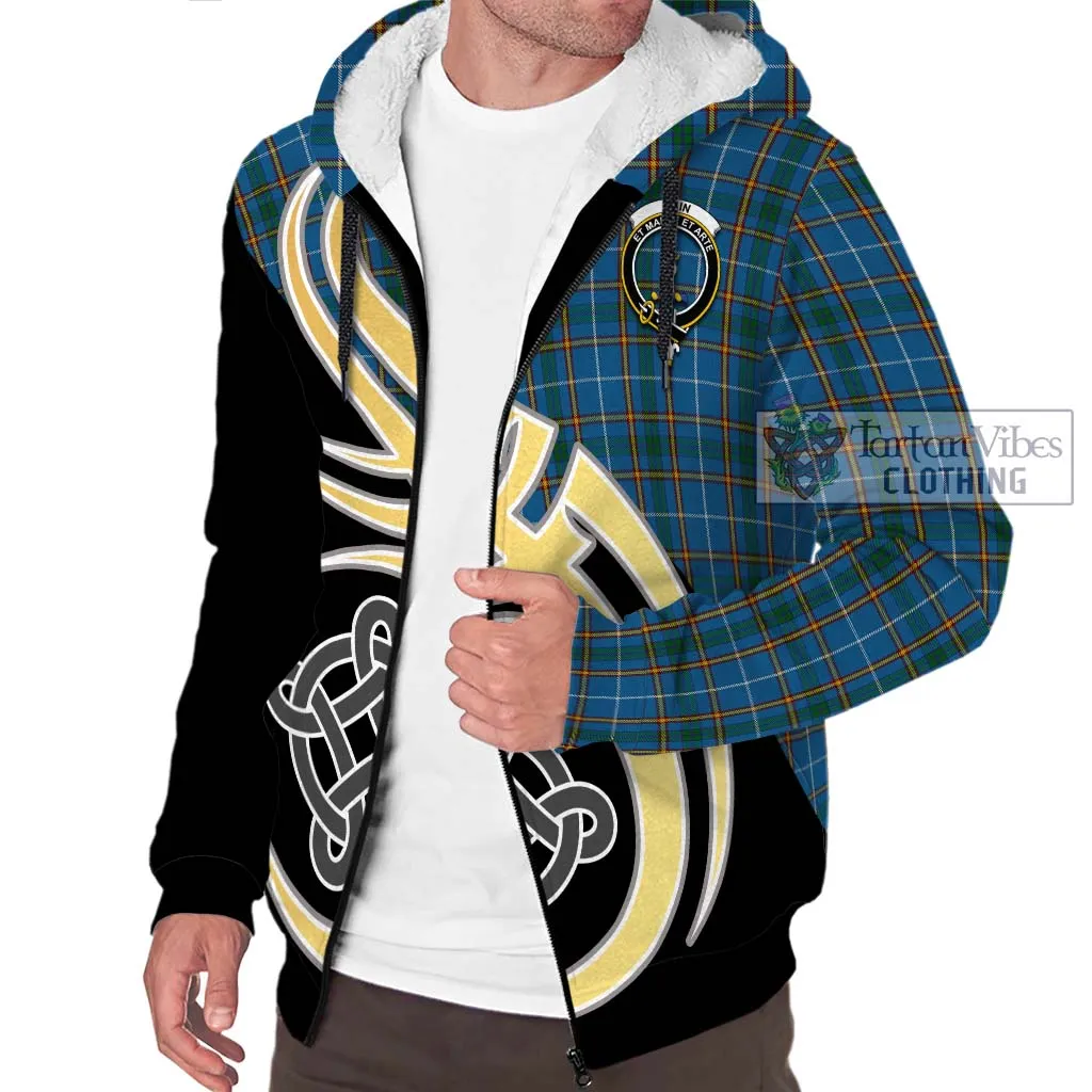 Bain Tartan Sherpa Hoodie with Family Crest and Celtic Symbol Style