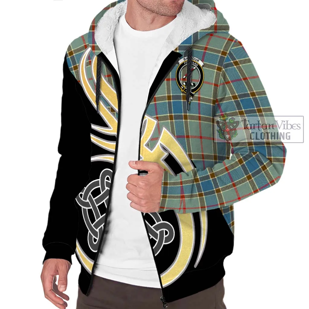 Balfour Blue Tartan Sherpa Hoodie with Family Crest and Celtic Symbol Style