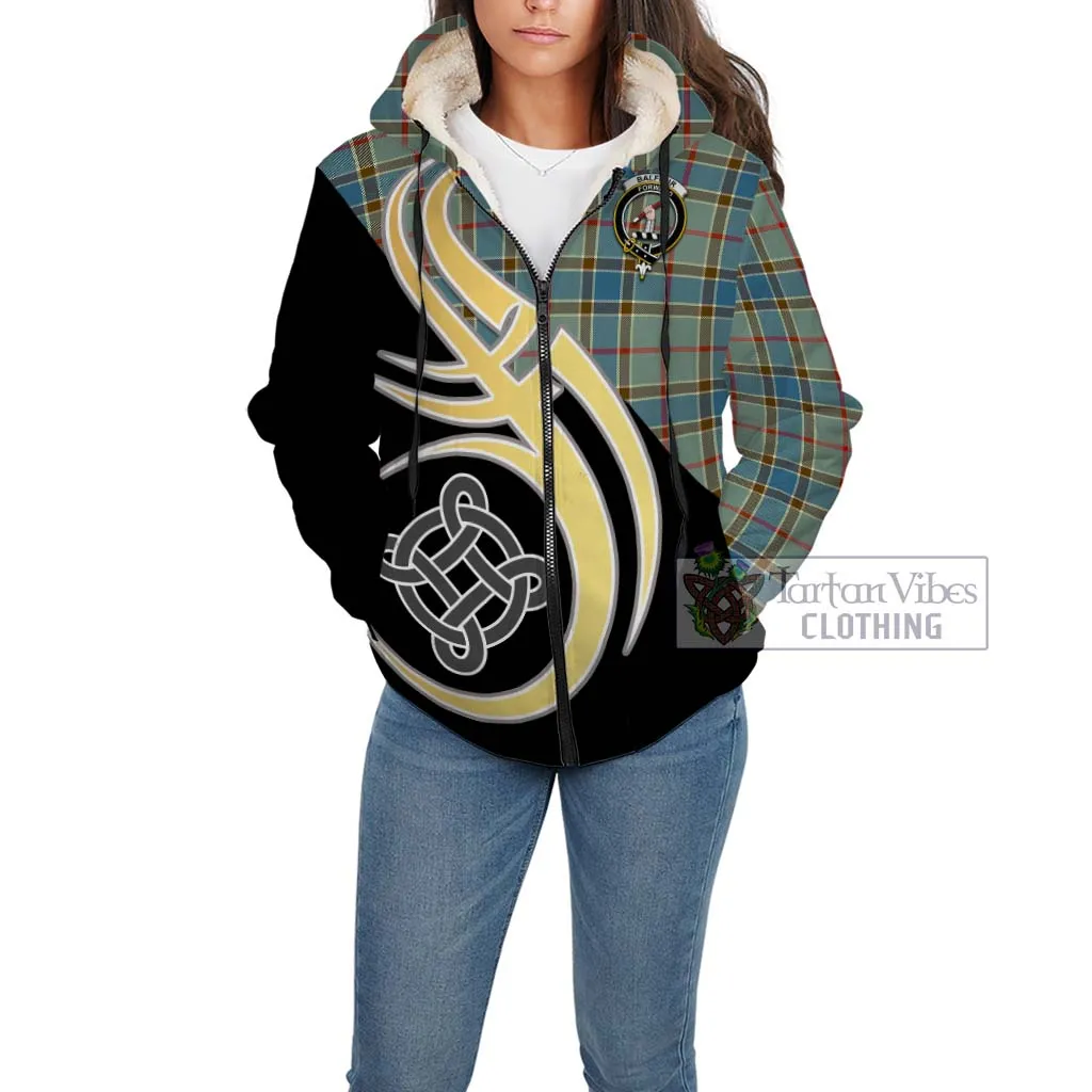 Balfour Blue Tartan Sherpa Hoodie with Family Crest and Celtic Symbol Style