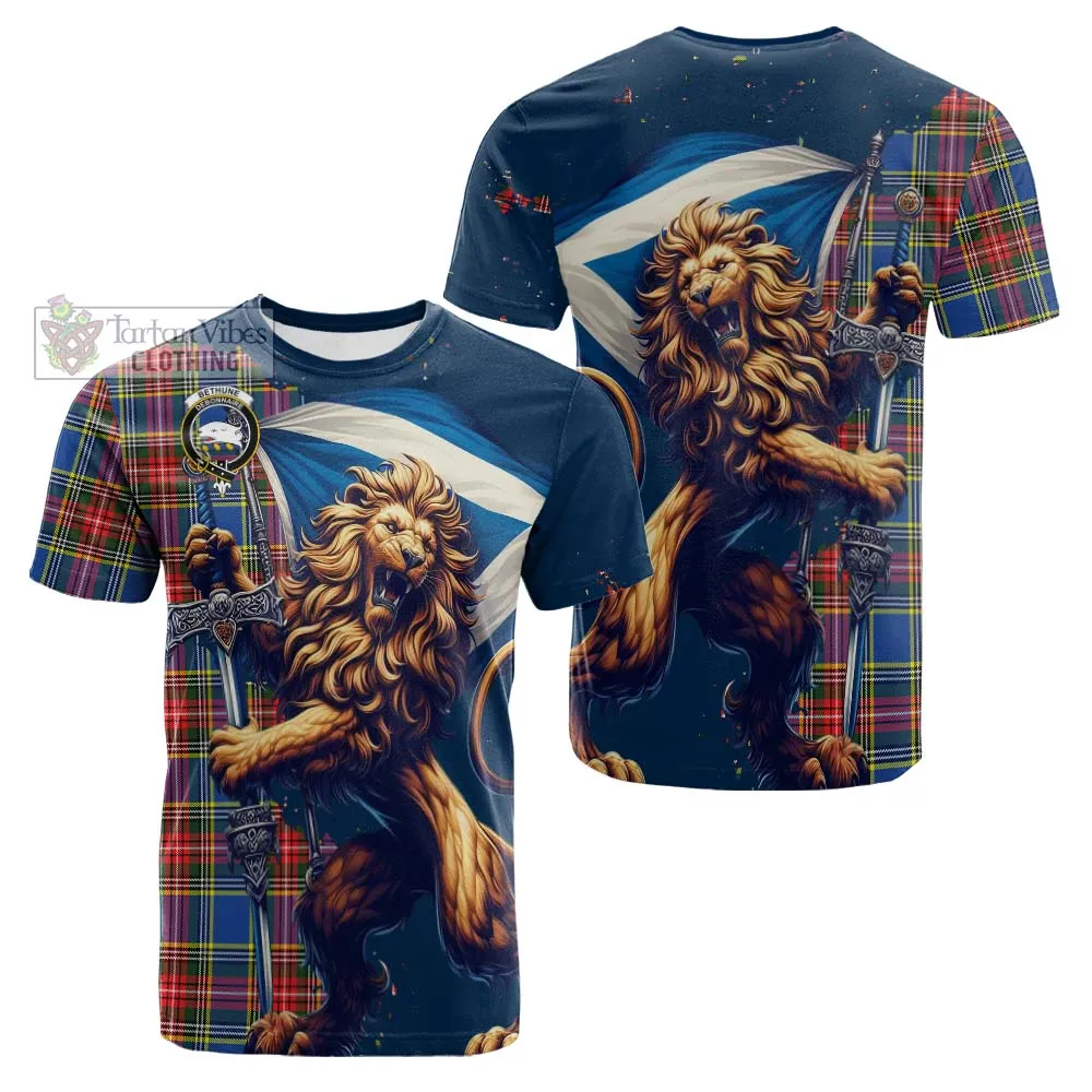 Bethune Tartan Family Crest Cotton T-shirt with Scottish Majestic Lion