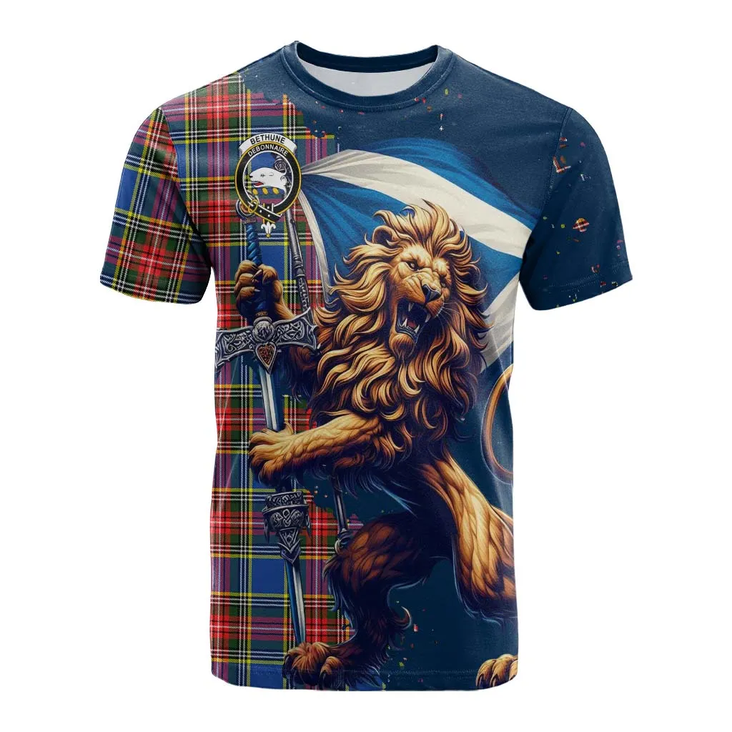 Bethune Tartan Family Crest Cotton T-shirt with Scottish Majestic Lion