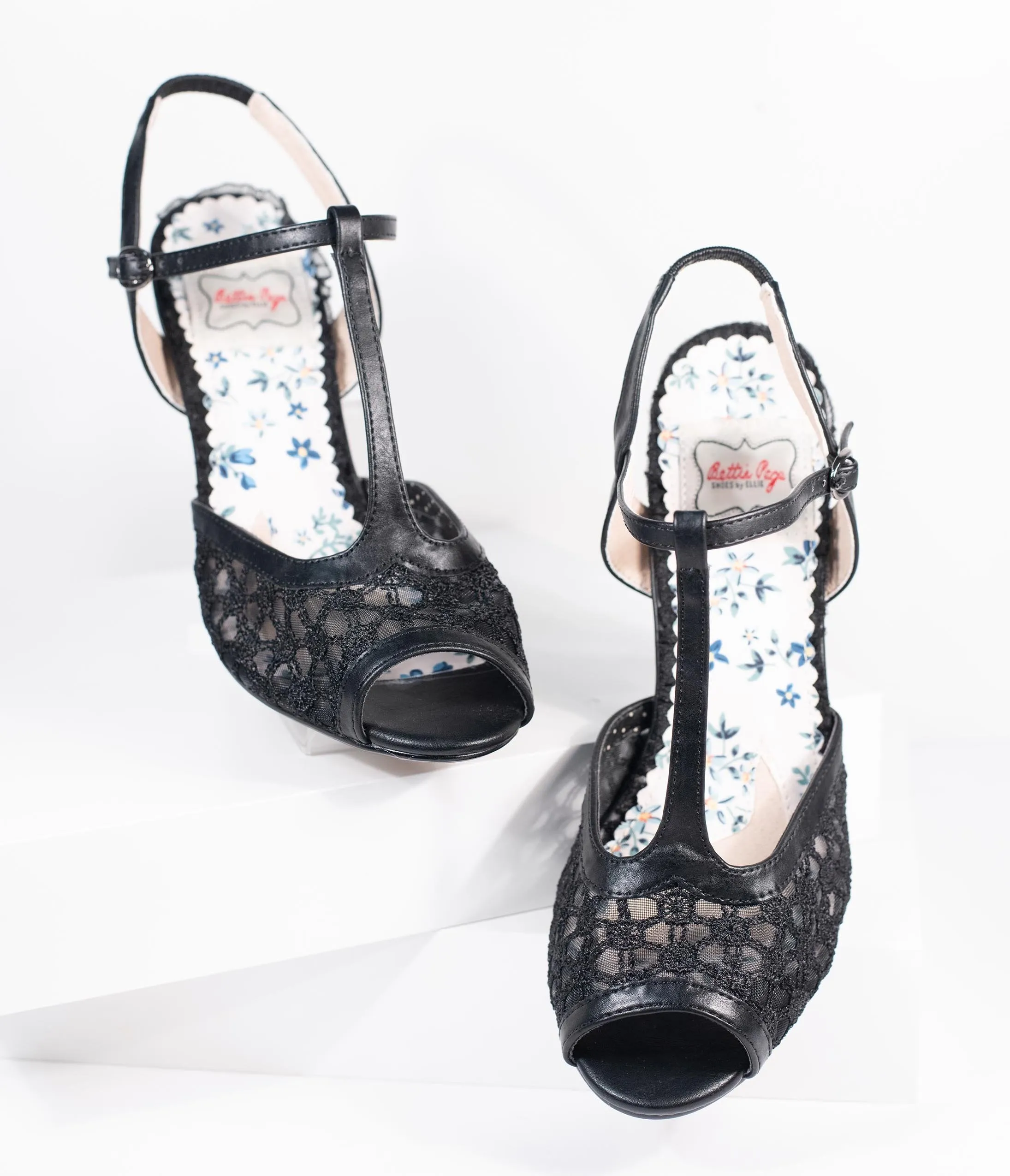 Bettie Page Black Lace Brooklyn T-Strap Heels