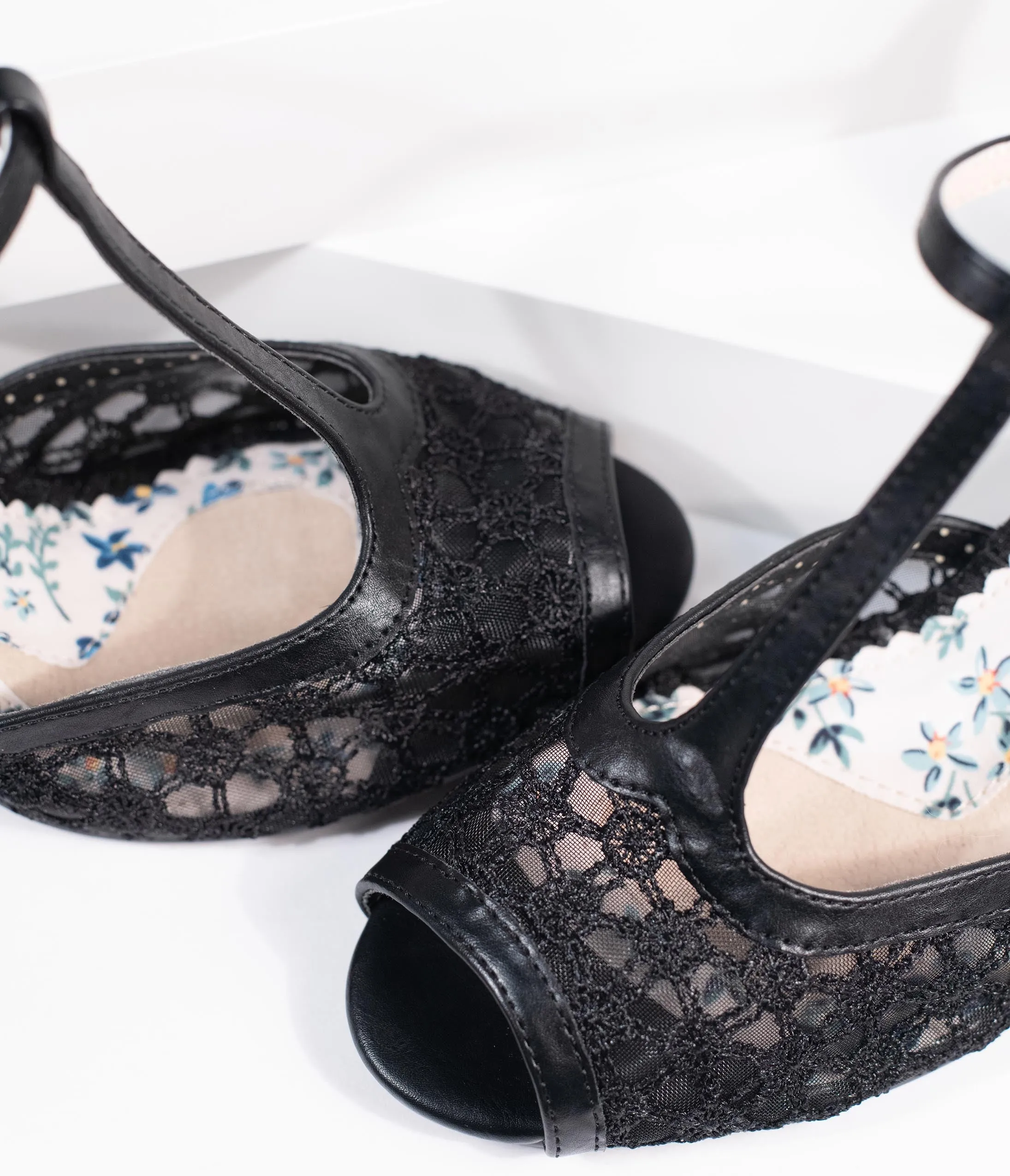 Bettie Page Black Lace Brooklyn T-Strap Heels