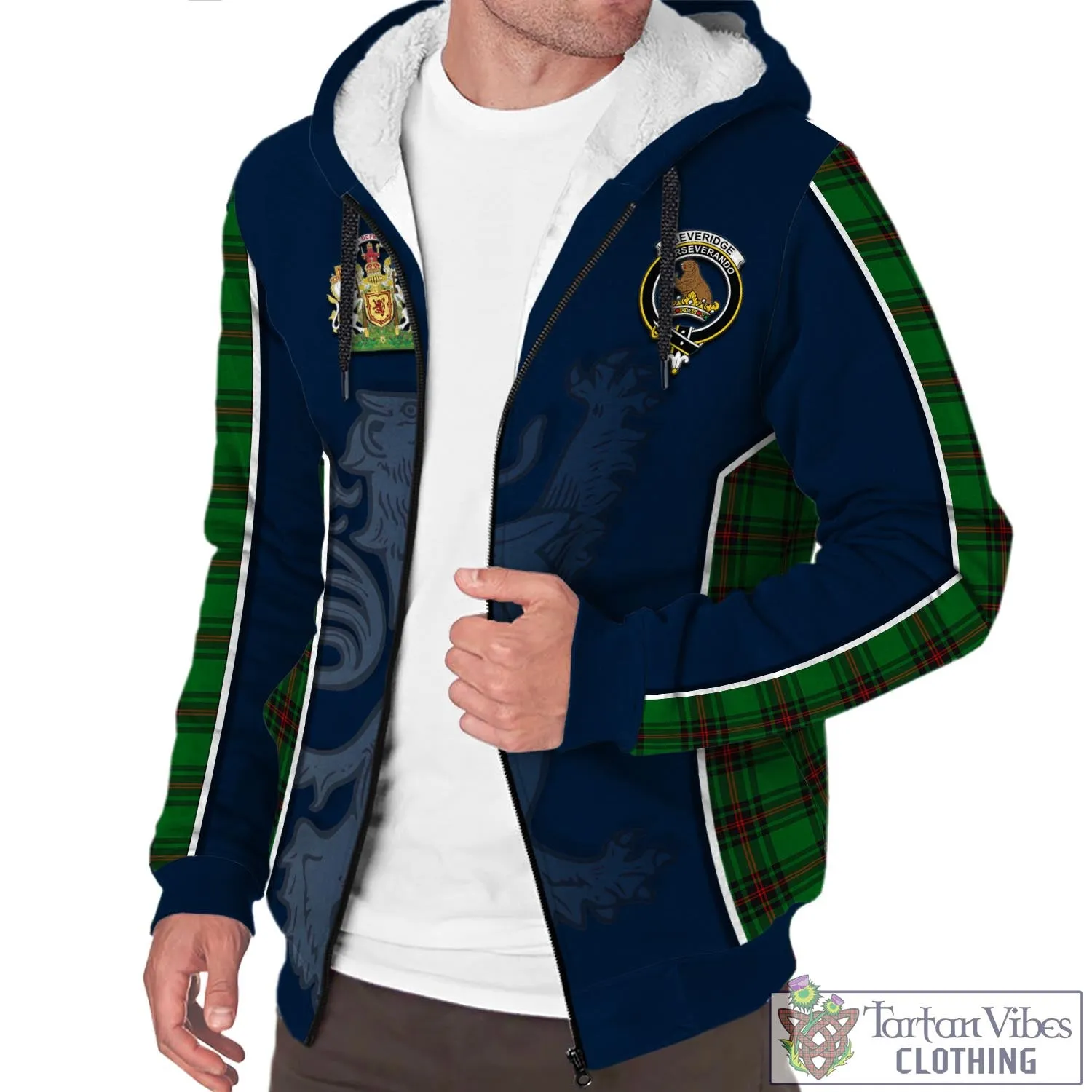 Beveridge Tartan Sherpa Hoodie with Family Crest and Lion Rampant Vibes Sport Style