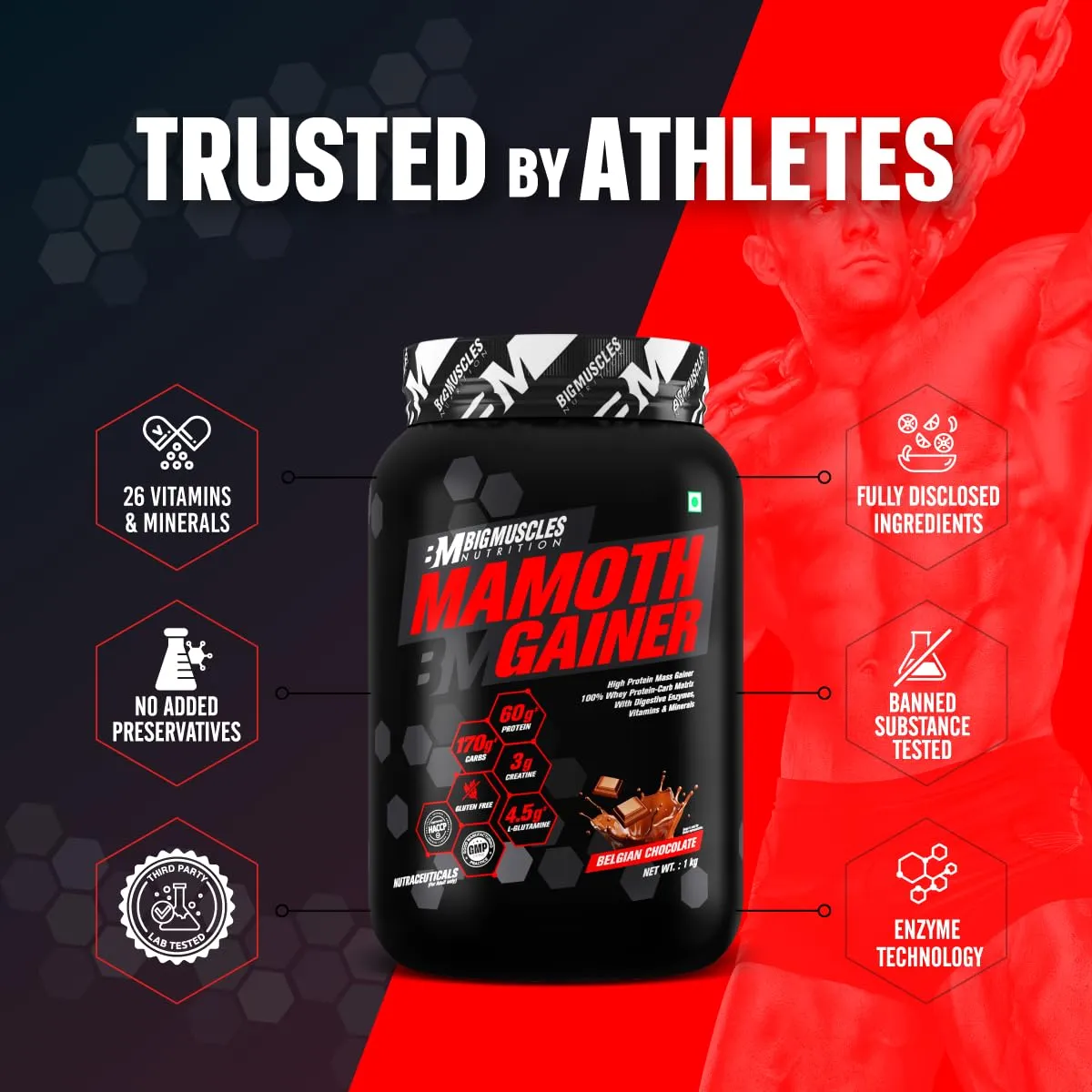 Bigmuscles Nutrition Mamoth Gainer [Belgian Chocolate, 2Kg] | High Protein Muscle Mass & Weight Gainer | With Vitamins & Minerals, Creatine & Digestive Enzymes - Powder