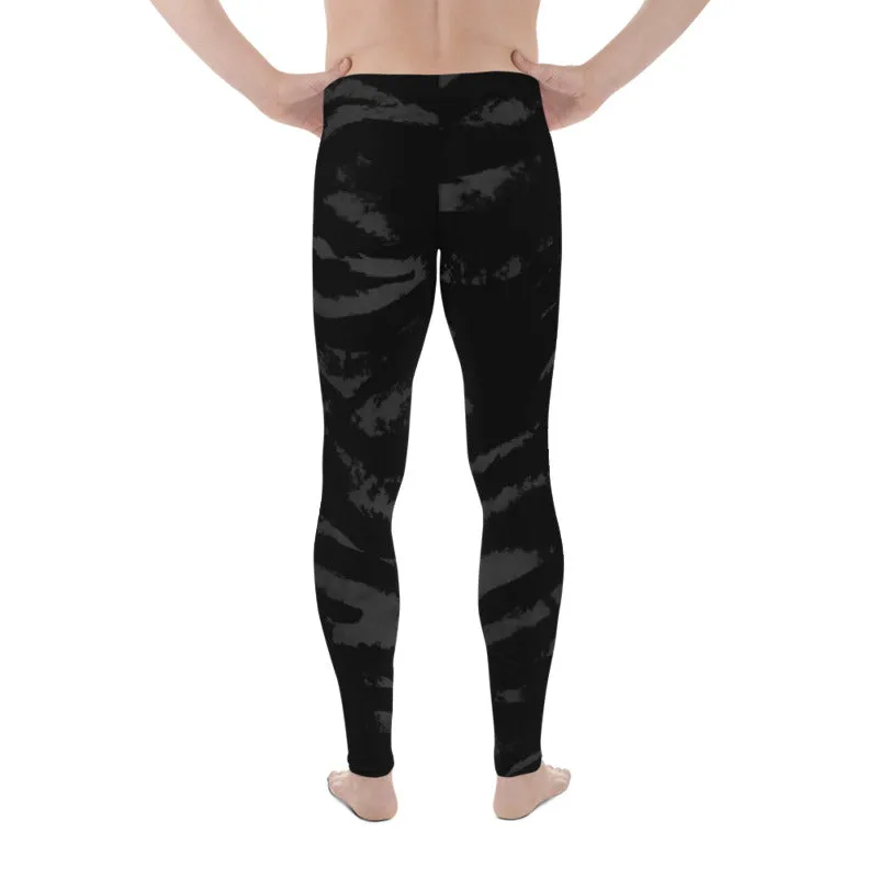 Black Tiger Stripe Print Meggings, Men's Running Leggings Run Tights- Made in USA/EU