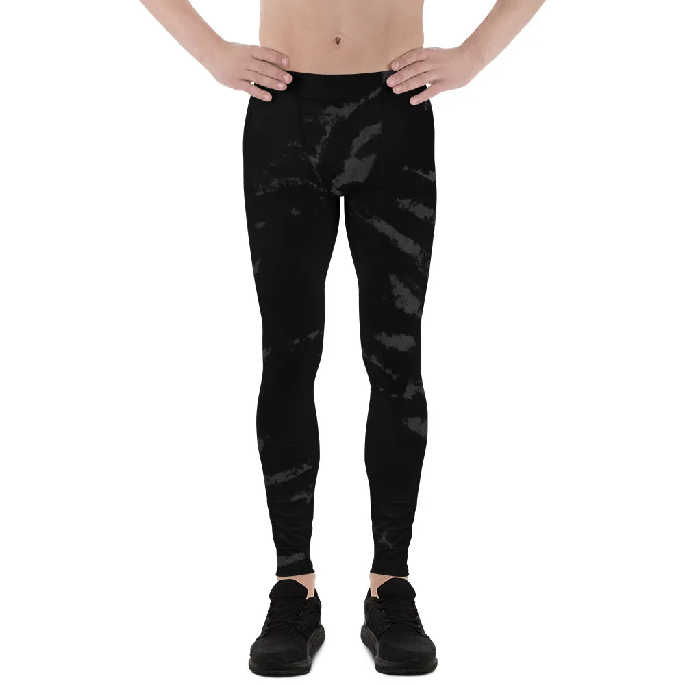 Black Tiger Stripe Print Meggings, Men's Running Leggings Run Tights- Made in USA/EU