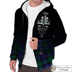 Black Watch Modern Tartan Sherpa Hoodie Featuring Alba Gu Brath Family Crest Celtic Inspired