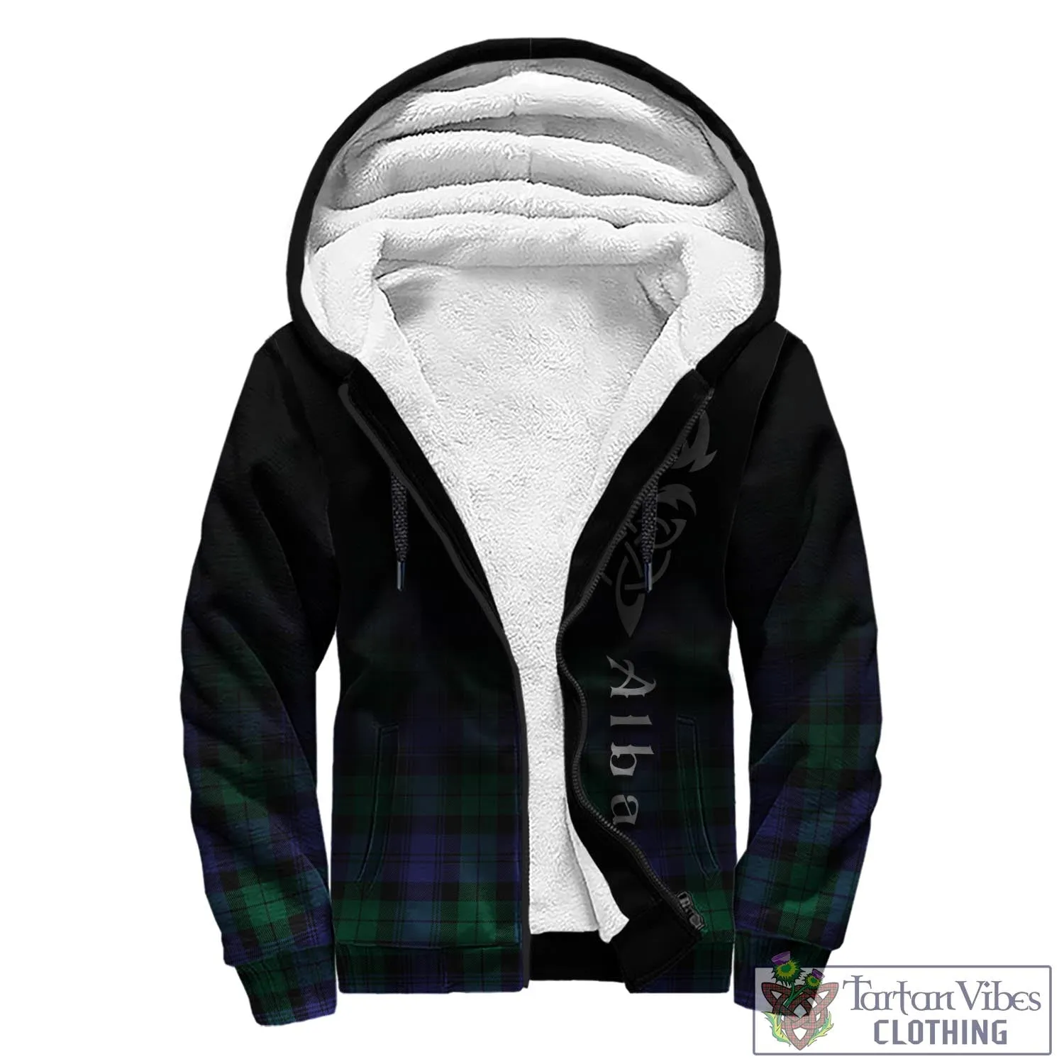 Black Watch Modern Tartan Sherpa Hoodie Featuring Alba Gu Brath Family Crest Celtic Inspired