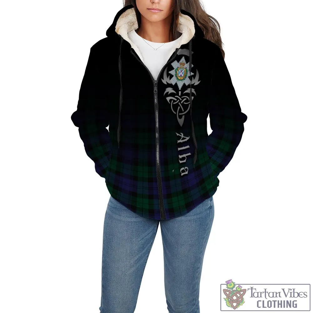 Black Watch Modern Tartan Sherpa Hoodie Featuring Alba Gu Brath Family Crest Celtic Inspired