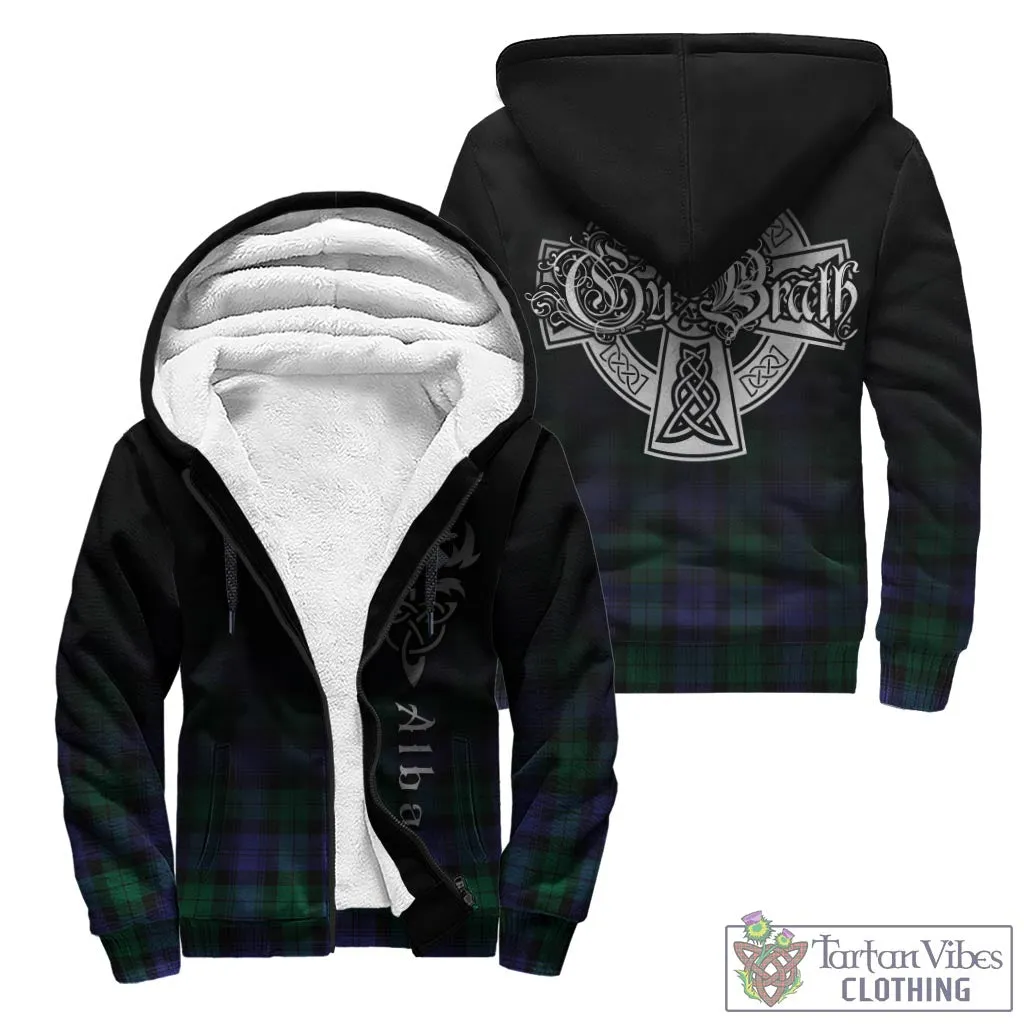 Black Watch Modern Tartan Sherpa Hoodie Featuring Alba Gu Brath Family Crest Celtic Inspired