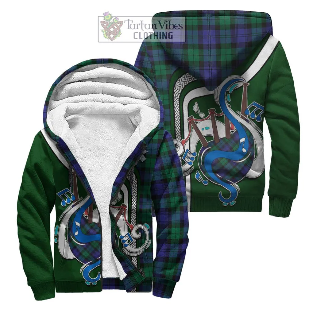 Black Watch Modern Tartan Sherpa Hoodie with Epic Bagpipe Style