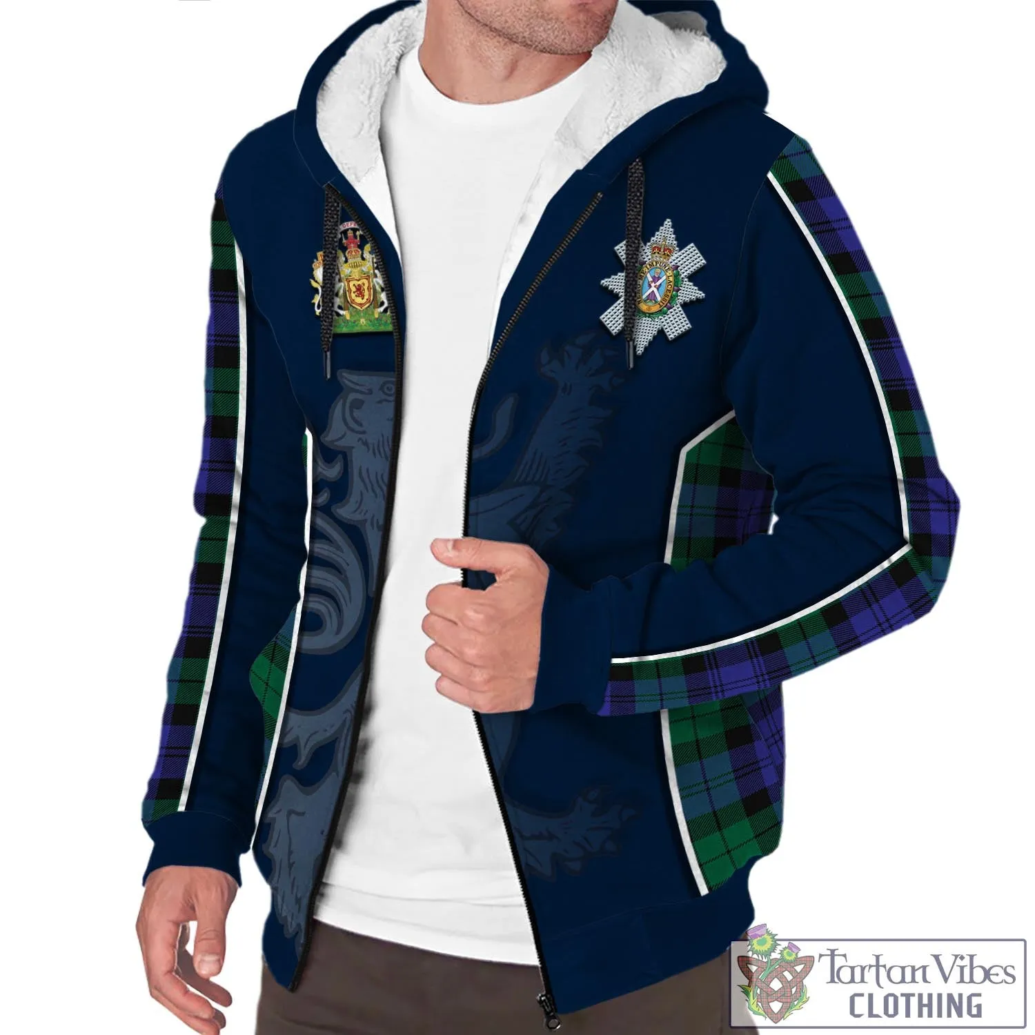 Black Watch Modern Tartan Sherpa Hoodie with Family Crest and Lion Rampant Vibes Sport Style