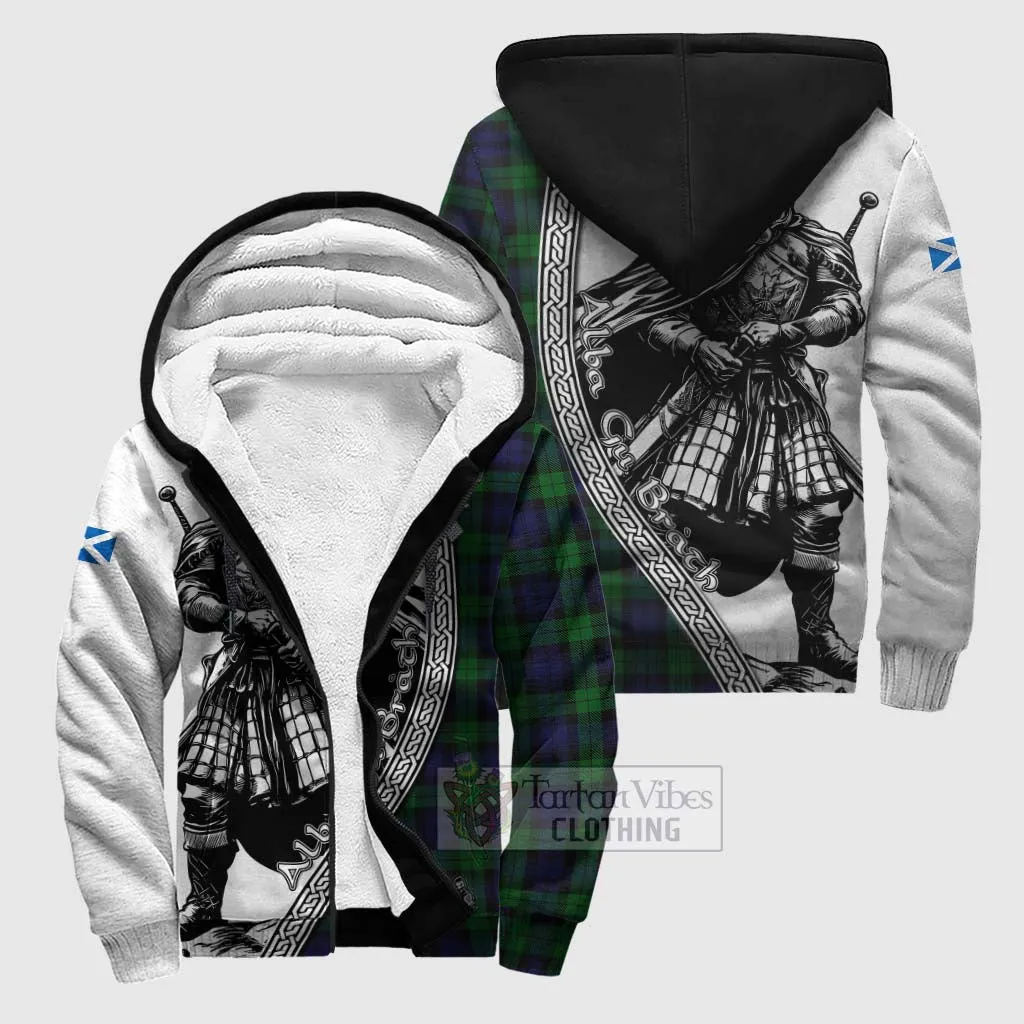 Black Watch Tartan Clan Crest Sherpa Hoodie with Highlander Warrior Celtic Style