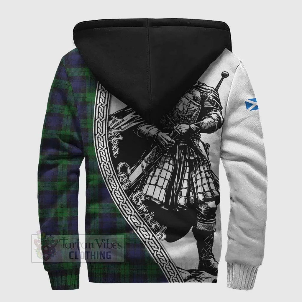 Black Watch Tartan Clan Crest Sherpa Hoodie with Highlander Warrior Celtic Style