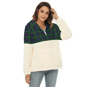 Black Watch Tartan Women's Borg Fleece Hoodie With Half Zip