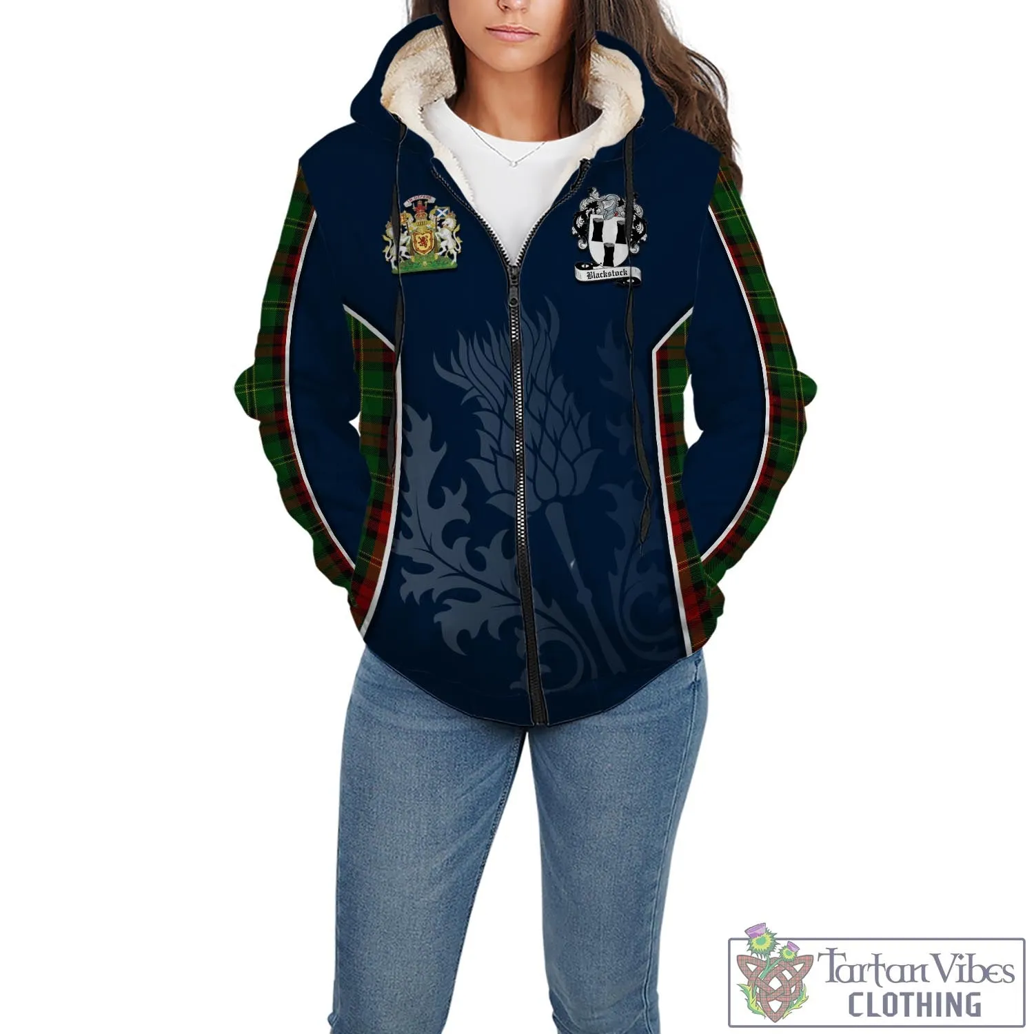 Blackstock Hunting Tartan Sherpa Hoodie with Family Crest and Scottish Thistle Vibes Sport Style