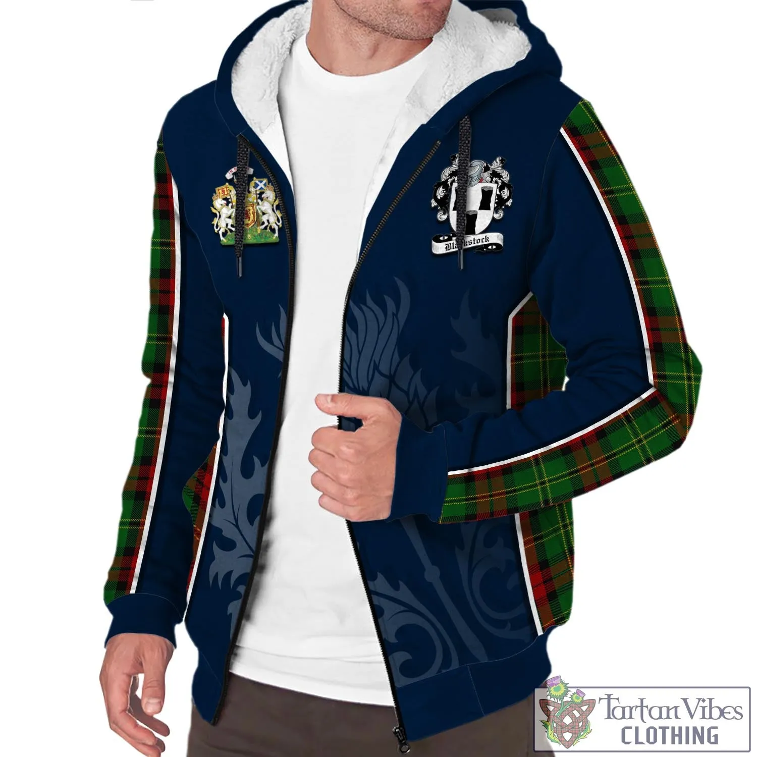 Blackstock Hunting Tartan Sherpa Hoodie with Family Crest and Scottish Thistle Vibes Sport Style