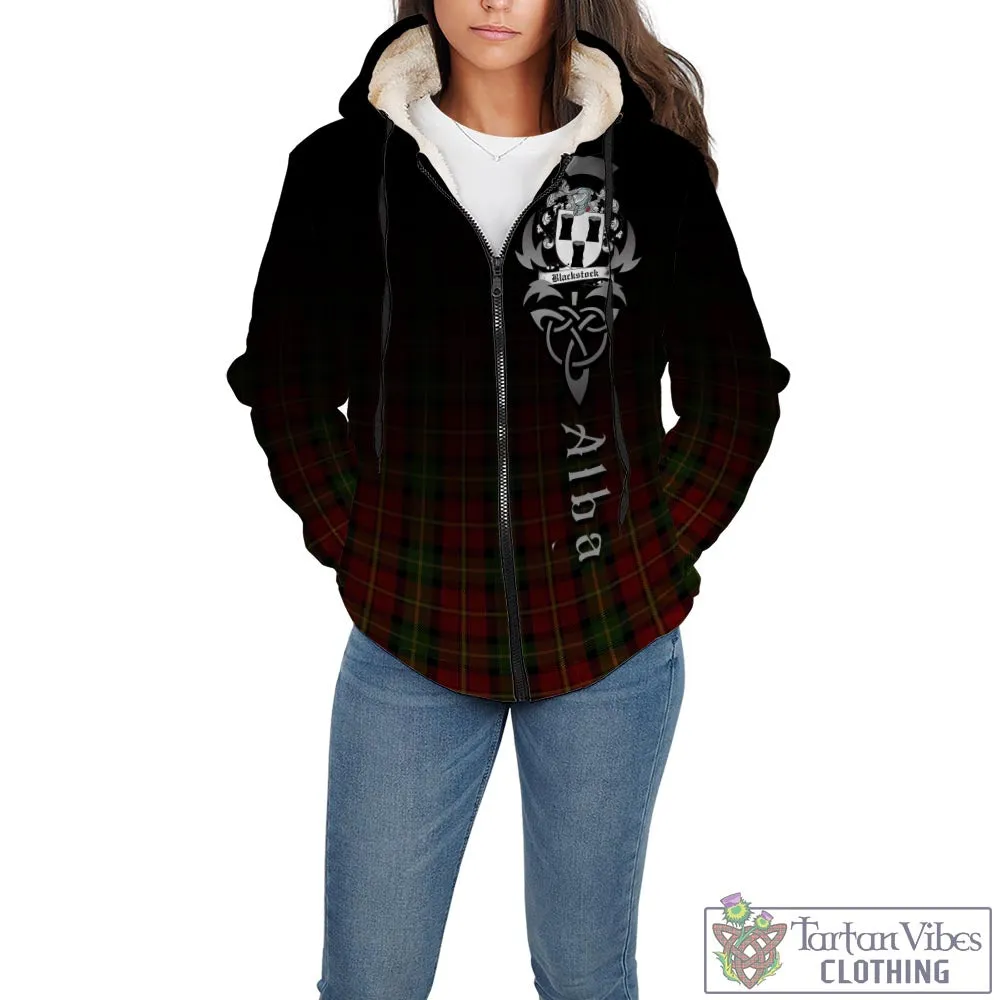 Blackstock Red Dress Tartan Sherpa Hoodie Featuring Alba Gu Brath Family Crest Celtic Inspired